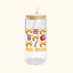 Personalized Yellow Coquette Bow Pencil Book Apple 20oz Name Can Glass with Bamboo Lid and Straw Appreciation Back to School Gift for Teacher