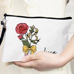 Personalised Birth Flower Bouquet Pencil Bow Design Makeup Bag with Name and Wrist Strap Birthday Teacher's Day Gift for Women