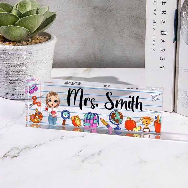 Personalized Funny Cartoon Character Pencil Apple Acrylic Desk Name Plate Appreciation Back to School Gift for Teacher Colleague Friend