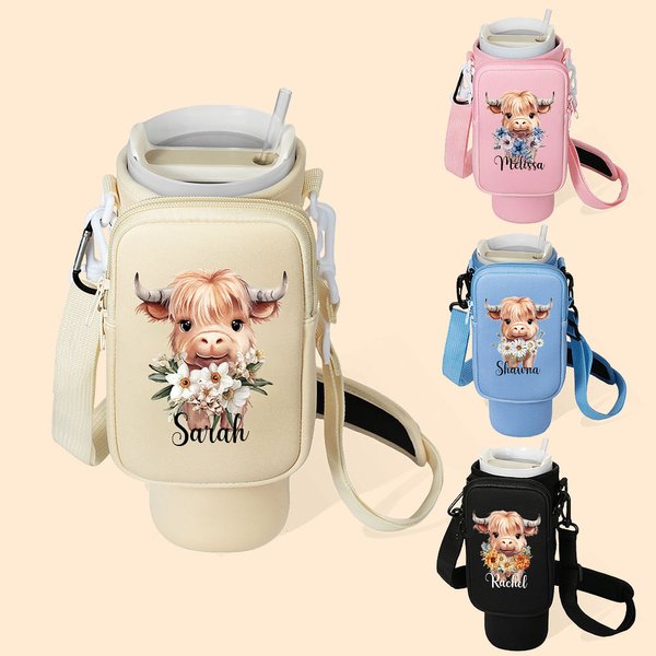 Personalized Highland Cow Birth Flower Name Water Bottle Carrier Bag with Strap Tumbler Accessories for 40oz Stanley Birthday Gift for Family Friend