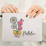Personalised Birth Flower Bouquet Pencil Bow Design Makeup Bag with Name and Wrist Strap Birthday Teacher's Day Gift for Women