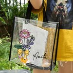 Personalised Birth Flower Bouquet Pencil Bow Design Clear Tote Bag with Name Waterproof Birthday Teacher's Day Gift for Women
