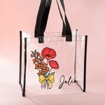 Personalised Birth Flower Bouquet Pencil Bow Design Clear Tote Bag with Name Waterproof Birthday Teacher's Day Gift for Women
