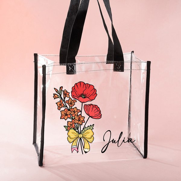 Personalised Birth Flower Bouquet Pencil Bow Design Clear Tote Bag with Name Waterproof Birthday Teacher's Day Gift for Women