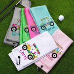 Personalized Super Absorbent Multiple Colors 100% Cotton Golf Cart Waffle Towel with Name Hanging Clip Birthday Gift for Golf Lovers