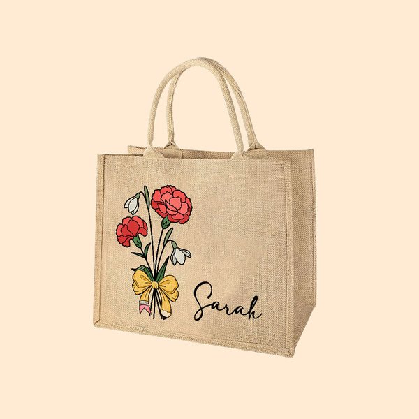 Sac en toile de jute avec nom Anniversaire Journée des enseignants Cadeau de naissance personnalisé Bouquet de fleurs Crayon Design grand sac en toile de jute pour femmes