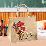 Sac en toile de jute avec nom Anniversaire Journée des enseignants Cadeau de naissance personnalisé Bouquet de fleurs Crayon Design grand sac en toile de jute pour femmes