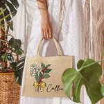 Sac en toile de jute avec nom Anniversaire Journée des enseignants Cadeau de naissance personnalisé Bouquet de fleurs Crayon Design grand sac en toile de jute pour femmes