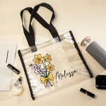 Personalised Birth Flower Bouquet Pencil Bow Design Clear Tote Bag with Name Waterproof Birthday Teacher's Day Gift for Women