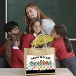 Personalisierte Cartoon Schreibwaren Charakter Schachbrett große Jute Canvas Tote Tasche mit Namen zurück zu Schule Anerkennung Geschenk für Lehrer