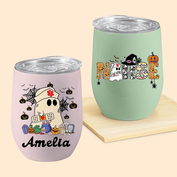Vaso de Vino de 12oz Personalizado Multicolor con Nombre y Tapa Antiderrame Regalo de Halloween para Enfermera Personal Médico