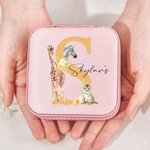 Spersonalizowana żyrafa Tygrys Zebra Zwierzęta z dżungli Skórzane podróżne pudełko na biżuterię z kwiatowym inicjałem i imieniem Prezent urodzinowy dla kobiet i dziewcząt