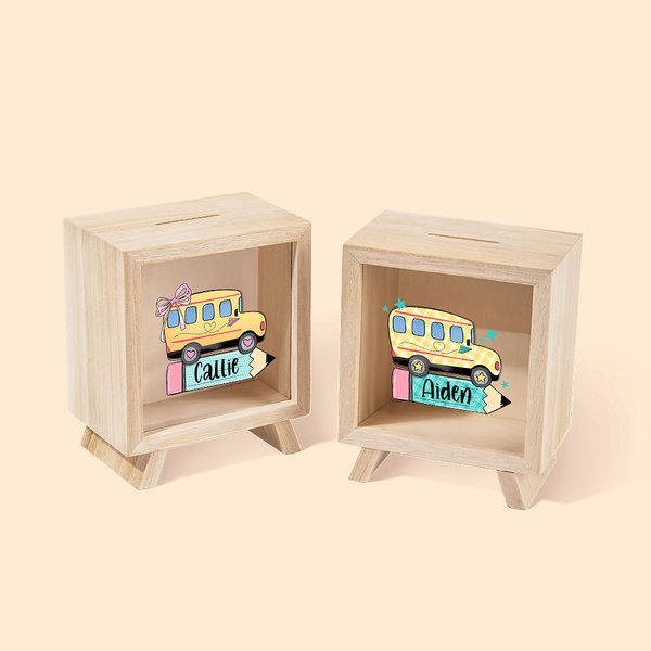 Coquette Bow Star School Bus Pencil Design Wooden Money Box with Name Back to School Gift for Kids (Boîte à crayons en bois avec nom)