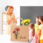 Sac en toile de jute avec nom Anniversaire Journée des enseignants Cadeau de naissance personnalisé Bouquet de fleurs Crayon Design grand sac en toile de jute pour femmes