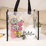 Personalised Birth Flower Bouquet Pencil Bow Design Clear Tote Bag with Name Waterproof Birthday Teacher's Day Gift for Women
