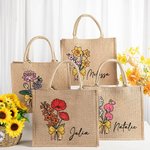 Sac en toile de jute avec nom Anniversaire Journée des enseignants Cadeau de naissance personnalisé Bouquet de fleurs Crayon Design grand sac en toile de jute pour femmes