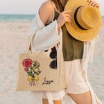 Sac en toile de jute avec nom Anniversaire Journée des enseignants Cadeau de naissance personnalisé Bouquet de fleurs Crayon Design grand sac en toile de jute pour femmes