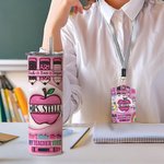 Gepersonaliseerde Roze Apple Pencil Food-Grade 20oz Skinny Tumbler en ID Badgehouder met naam Waardering Terug naar School Cadeau voor Leraar