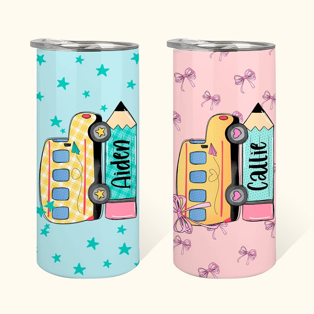 Personalized Multicolor School Bus Pencil Design 15oz Insulated Tumbler with Name Birthday Back to School Gift for Kids Students 1