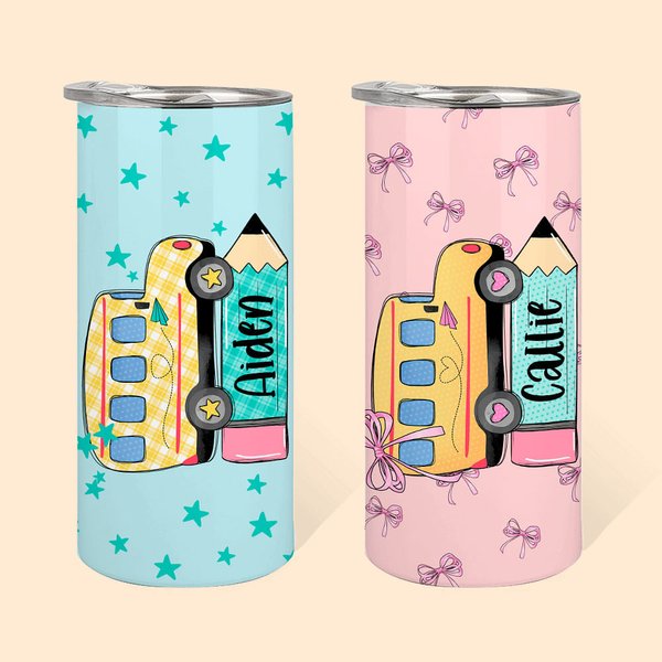 Personalized Multicolor School Bus Pencil Design 15oz Insulated Tumbler with Name Birthday Back to School Gift for Kids Students
