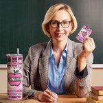 Gepersonaliseerde Roze Apple Pencil Food-Grade 20oz Skinny Tumbler en ID Badgehouder met naam Waardering Terug naar School Cadeau voor Leraar