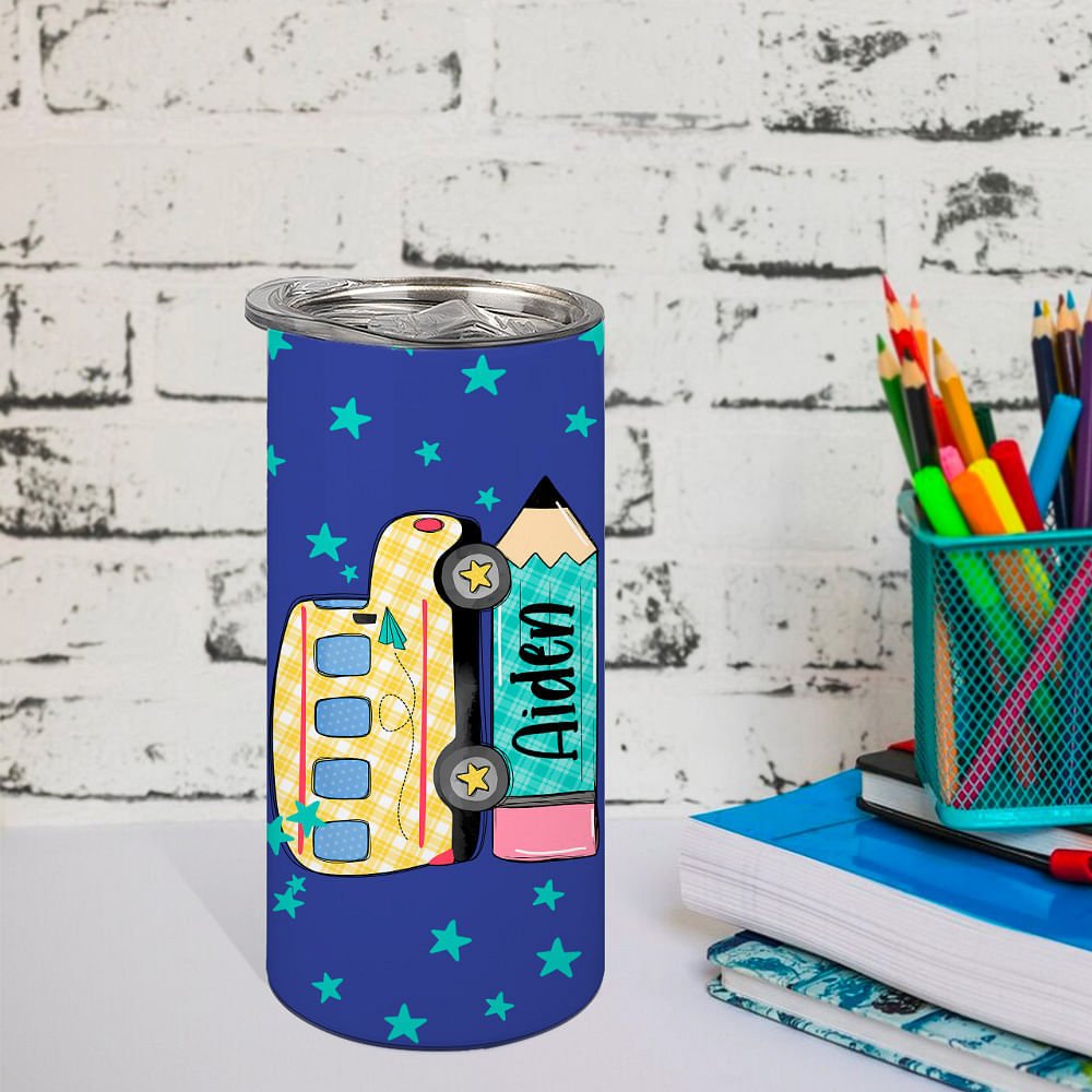 Personalized Multicolor School Bus Pencil Design 15oz Insulated Tumbler with Name Birthday Back to School Gift for Kids Students 4