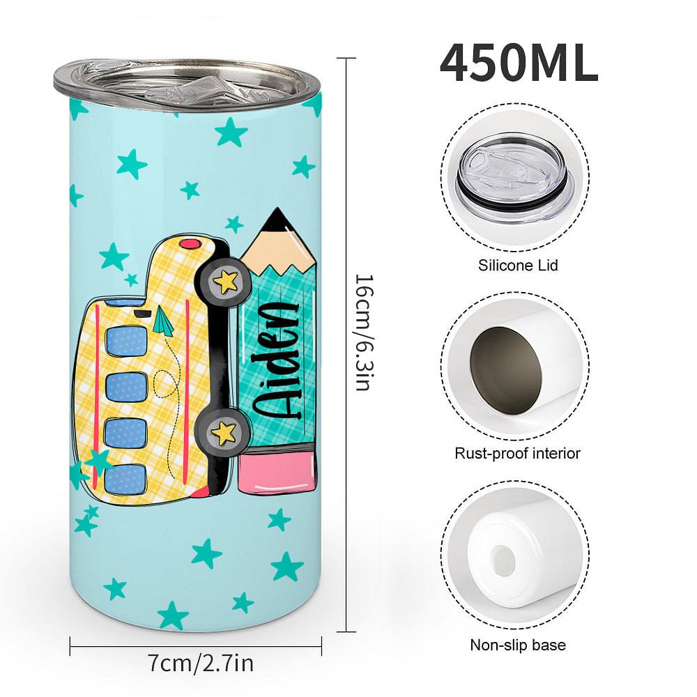 Personalized Multicolor School Bus Pencil Design 15oz Insulated Tumbler with Name Birthday Back to School Gift for Kids Students 6