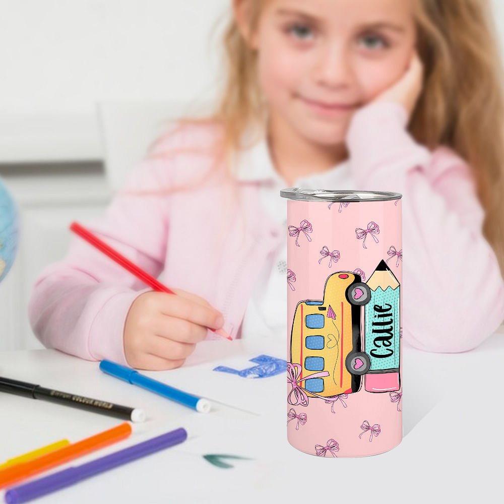 Personalized Multicolor School Bus Pencil Design 15oz Insulated Tumbler with Name Birthday Back to School Gift for Kids Students 3
