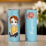 Personlig söt tecknad karaktär och födelsedagsblomma design 20oz namn skinny tumbler med halm rese nödvändigheter födelsedagspresent för familj vän