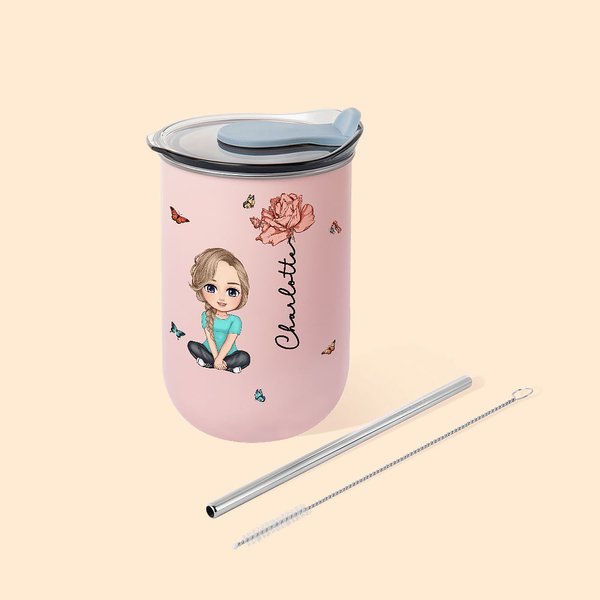 Gepersonaliseerde Cartoonfiguur Geboortebloem 355 ml Geïsoleerde Koffiebeker met Rietje en Deksel Feestbedankjes en Cadeau voor Vrouwen en Meisjes