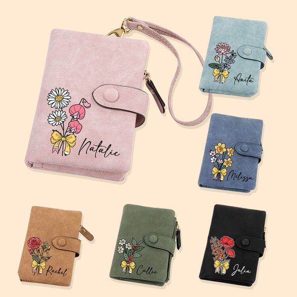 Personalisierte Geburt Blumenstrauß Bleistift Bogen Leder dreifach gefaltetes Portemonnaie mit Karteninhaber Geburtstag Lehrer Wertschätzung Geschenk 
