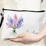 Borsa per il trucco in lino con cinturino da polso personalizzato con nome e fiore di nascita accessori da viaggio per la doccia nuziale