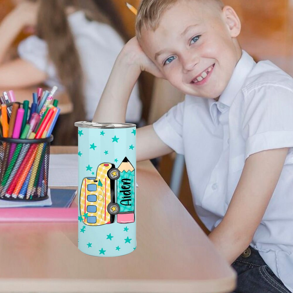 Personalized Multicolor School Bus Pencil Design 15oz Insulated Tumbler with Name Birthday Back to School Gift for Kids Students 2