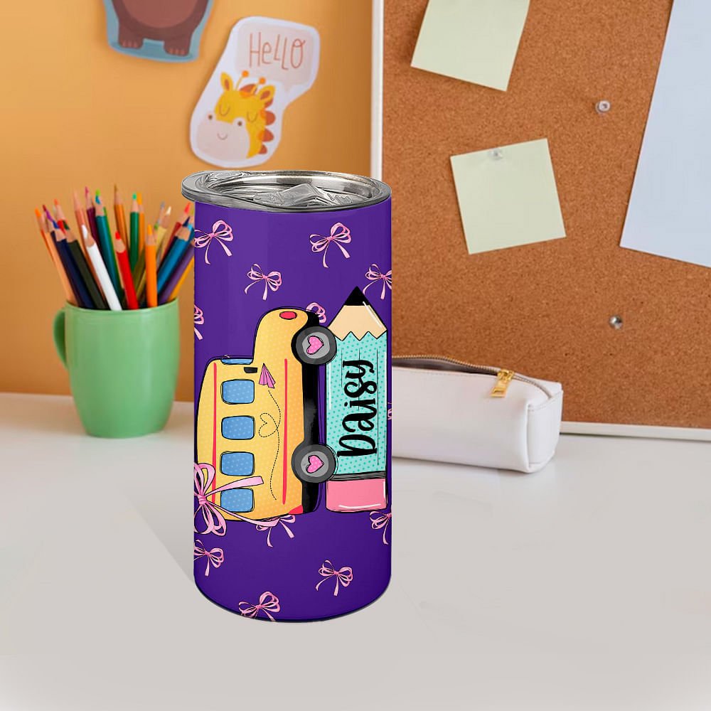 Personalized Multicolor School Bus Pencil Design 15oz Insulated Tumbler with Name Birthday Back to School Gift for Kids Students 5
