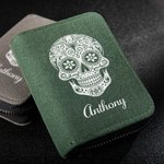 Personalisierte Schädel kompakte Karteninhaber Brieftasche mit Namen Geburtstag Tag der Toten Geschenk Halloween Geschenk für Männer