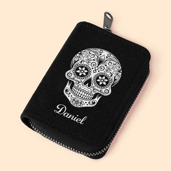 Personalisierte Schädel kompakte Karteninhaber Brieftasche mit Namen Geburtstag Tag der Toten Geschenk Halloween Geschenk für Männer