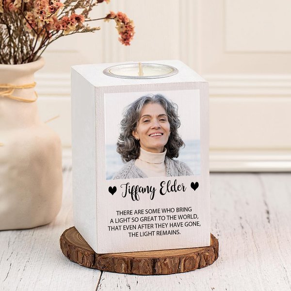 Personalised Photo White Wooden Memorial Tea Light Candle Holder with Name Condolence Sympathy Gift for Loss of Loved One