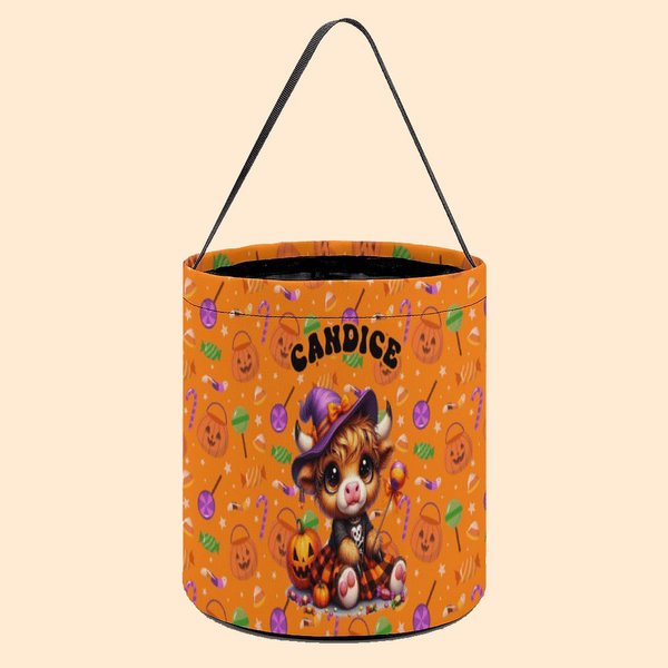 Sac à Bonbons Personnalisé avec Nom Panier de Mottif Vache de Highland Citrouille Cadeau d'Halloween pour les Enfants