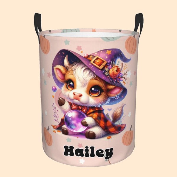 Panier de Rangement en Oxford Imperméable Personnalisé avec Nom Motif Vache de Highland Grande Capacité Cadeau d'Halloween pour les Enfants