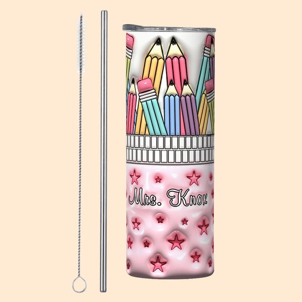 Personalisierte 3D-Effekt rosa Sterne Federtasche Design 20oz Skinny Becher mit Deckel und Stroh zurück zu Schule Anerkennung Geschenk für Lehrer Stud