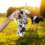 Personalized Cow Leopard Print Monogram 40oz Insulated Tumbler with Lid Straw and Handle Birthday Gift for Cowboys Cowgirls