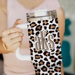 Personalized Cow Leopard Print Monogram 40oz Insulated Tumbler with Lid Straw and Handle Birthday Gift for Cowboys Cowgirls