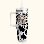 Personalized Cow Leopard Print Monogram 40oz Insulated Tumbler with Lid Straw and Handle Birthday Gift for Cowboys Cowgirls