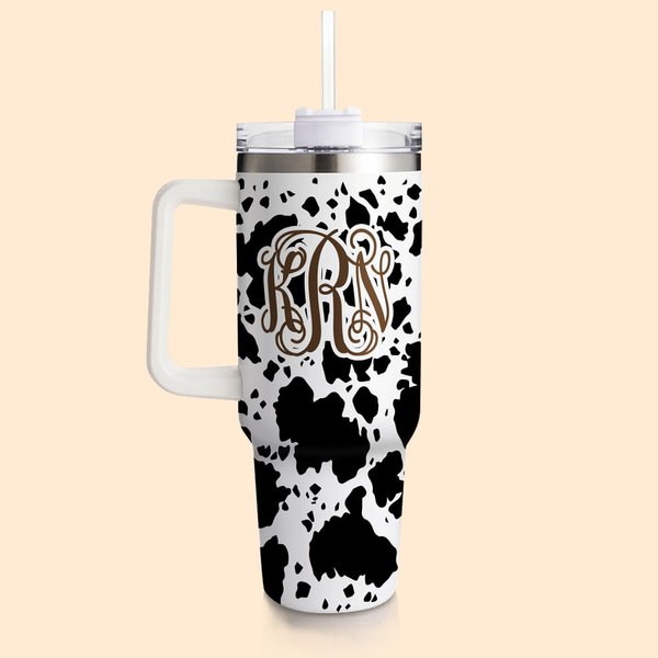 Personalized Cow Leopard Print Monogram 40oz Insulated Tumbler with Lid Straw and Handle Birthday Gift for Cowboys Cowgirls