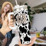Personalized Cow Leopard Print Monogram 40oz Insulated Tumbler with Lid Straw and Handle Birthday Gift for Cowboys Cowgirls