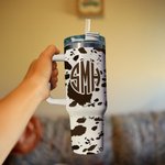 Personalized Cow Leopard Print Monogram 40oz Insulated Tumbler with Lid Straw and Handle Birthday Gift for Cowboys Cowgirls