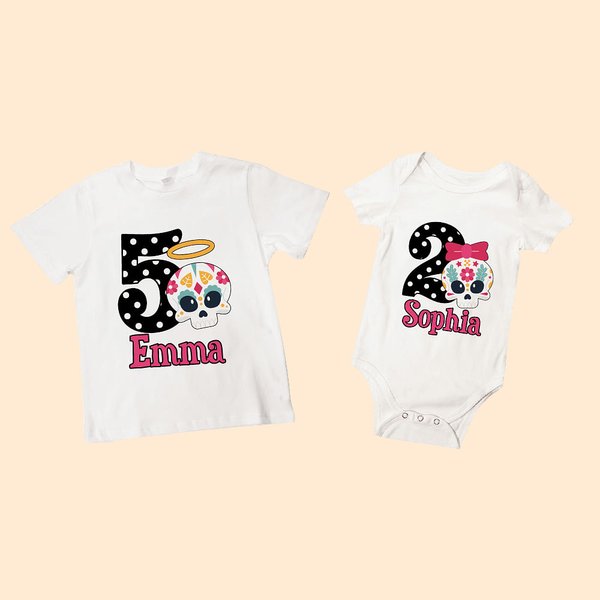 Onesie Bébé T-shirt Enfant 100% Coton Personnalisé avec Numéro Nom Calavera de Style Cartoon Cadeau Halloween Jour des Morts pour Garçon Fille
