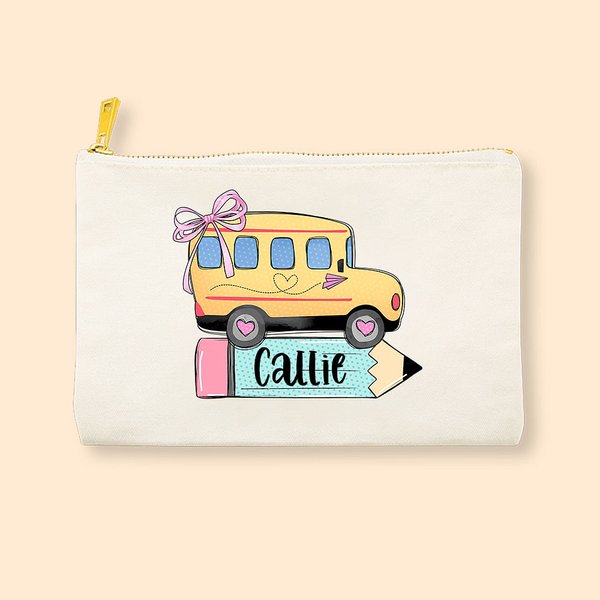 Pochette à crayons personnalisée Coquette Bow Star School Bus Design avec nom Back to School Birthday Gift for Kids