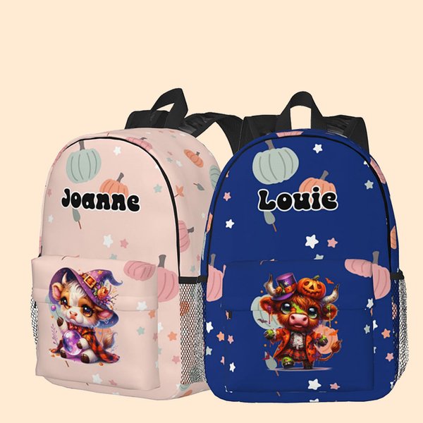 Gepersonaliseerde Halloween Highland Cow Pumpkin Design Waterdichte Kid School Rugzak met Naam Halloween Fall Terug naar School Gift voor Jongens Meisjes