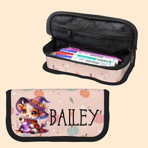 Estuche personalizado para lápices con nombre con motivo de Halloween Highland Cow Material escolar Vuelta al cole Regalo de cumpleaños para niños Ado
